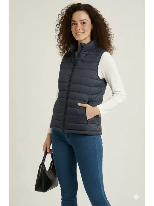 Kadın Şişme Fermuarlı Yelek Su İtici Kapitone Astarlı Kumaş Cepli Hafif Kışlık Spor Rahat Kalıp - Lacivert