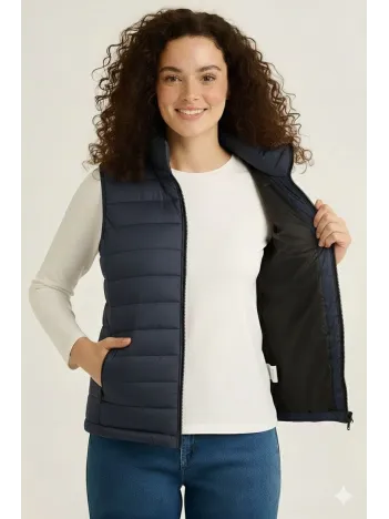 Kadın Şişme Fermuarlı Yelek Su İtici Kapitone Astarlı Kumaş Cepli Hafif Kışlık Spor Rahat Kalıp - Lacivert