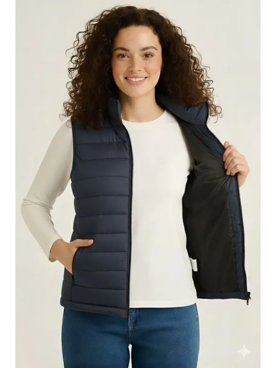 Kadın Şişme Fermuarlı Yelek Su İtici Kapitone Astarlı Kumaş Cepli Hafif Kışlık Spor Rahat Kalıp - Lacivert