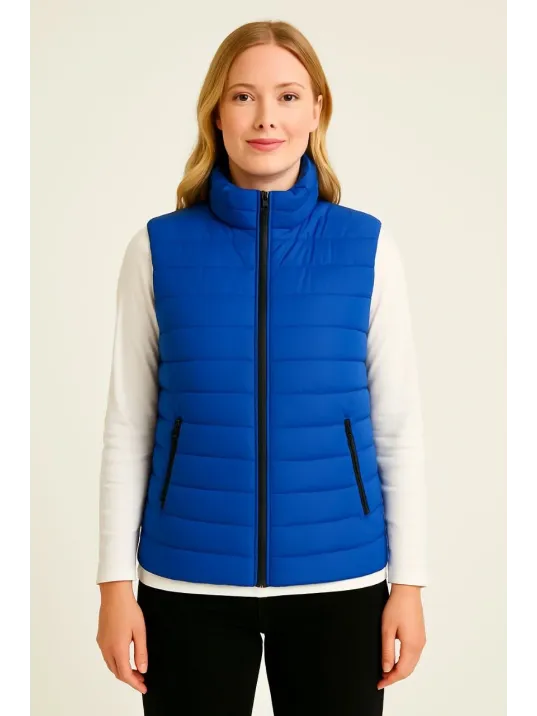 Kadın Şişme Fermuarlı Yelek Su itici Kapitone Astarlı Kumaş Cepli Hafif Kışlık Spor Rahat Kalıp - Saks Mavisi