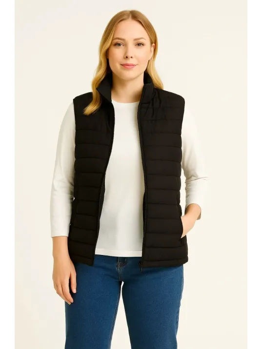 Kadın Şişme Fermuarlı Yelek Su itici Kapitone Astarlı Kumaş Cepli Hafif Kışlık Spor Rahat Kalıp - Siyah Kadın Şişme Fermuarlı Yelek Su itici Kapitone Astarlı Kumaş Cepli Hafif Kışlık Spor Rahat Kalıp - Siyah