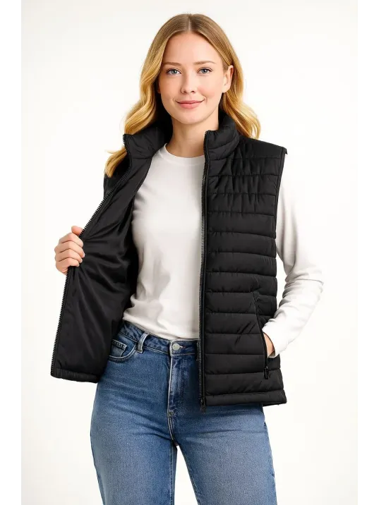 Kadın Şişme Fermuarlı Yelek Su itici Kapitone Astarlı Kumaş Cepli Hafif Kışlık Spor Rahat Kalıp - Siyah Kadın Şişme Fermuarlı Yelek Su itici Kapitone Astarlı Kumaş Cepli Hafif Kışlık Spor Rahat Kalıp - Siyah