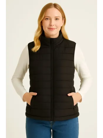 Kadın Şişme Fermuarlı Yelek Su itici Kapitone Astarlı Kumaş Cepli Hafif Kışlık Spor Rahat Kalıp - Siyah Kadın Şişme Fermuarlı Yelek Su itici Kapitone Astarlı Kumaş Cepli Hafif Kışlık Spor Rahat Kalıp - Siyah