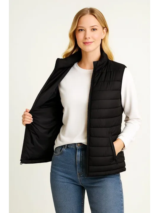 Kadın Şişme Fermuarlı Yelek Su itici Kapitone Astarlı Kumaş Cepli Hafif Kışlık Spor Rahat Kalıp - Siyah Kadın Şişme Fermuarlı Yelek Su itici Kapitone Astarlı Kumaş Cepli Hafif Kışlık Spor Rahat Kalıp - Siyah