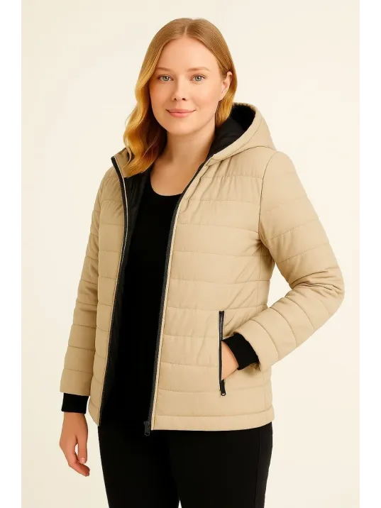 Kadın Şişme Kapüşonlu Fermuarlı Mont Su itici Kapitone Astarlı Kumaş Cepli Kışlık Rahat Kalıp - Bej