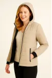 Kadın Şişme Kapüşonlu Fermuarlı Mont Su İtici Kapitone Astarlı Kumaş Cepli Kışlık Rahat Kalıp - Bej