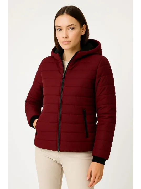 Kadın Şişme Kapüşonlu Fermuarlı Mont Su İtici Kapitone Astarlı Kumaş Cepli Kışlık Rahat Kalıp - Bordo