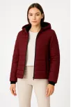 Kadın Şişme Kapüşonlu Fermuarlı Mont Su İtici Kapitone Astarlı Kumaş Cepli Kışlık Rahat Kalıp - Bordo