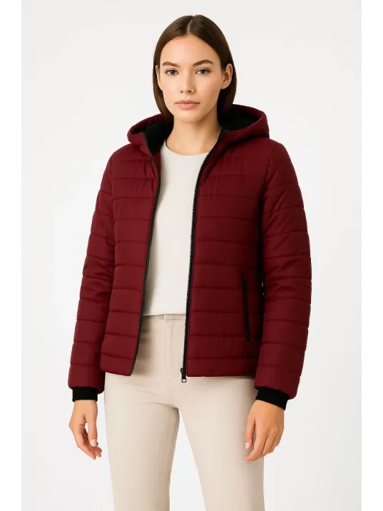 Kadın Şişme Kapüşonlu Fermuarlı Mont Su İtici Kapitone Astarlı Kumaş Cepli Kışlık Rahat Kalıp - Bordo