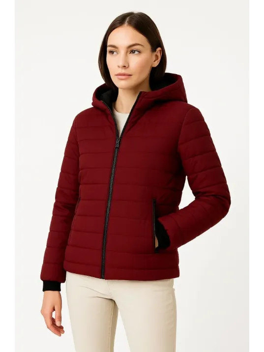 Kadın Şişme Kapüşonlu Fermuarlı Mont Su İtici Kapitone Astarlı Kumaş Cepli Kışlık Rahat Kalıp - Bordo