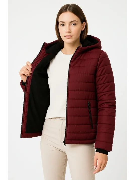 Kadın Şişme Kapüşonlu Fermuarlı Mont Su İtici Kapitone Astarlı Kumaş Cepli Kışlık Rahat Kalıp - Bordo