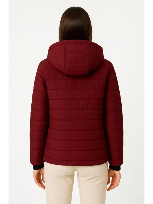 Kadın Şişme Kapüşonlu Fermuarlı Mont Su İtici Kapitone Astarlı Kumaş Cepli Kışlık Rahat Kalıp - Bordo