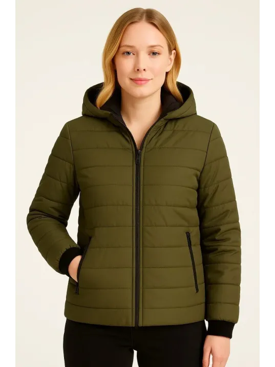 Kadın Şişme Kapüşonlu Fermuarlı Mont Su itici Kapitone Astarlı Kumaş Cepli Kışlık Rahat Kalıp - Haki