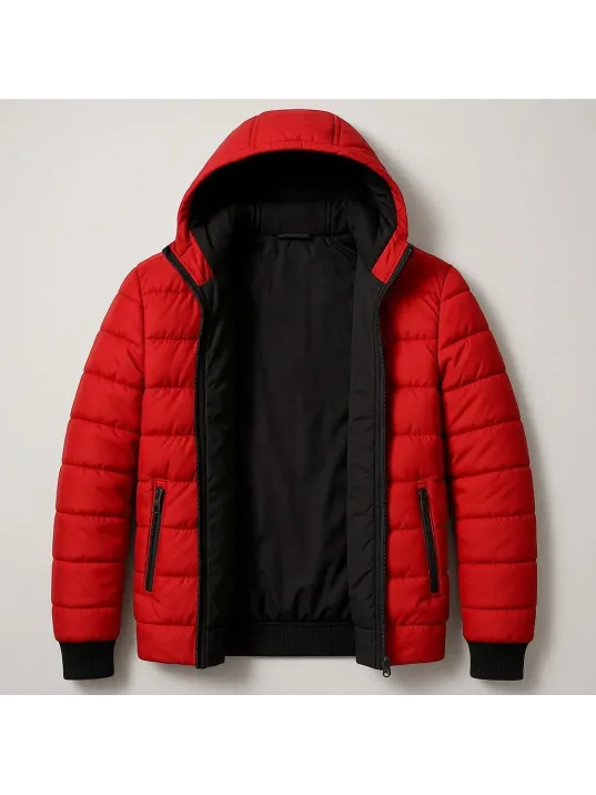 Kadın Şişme Kapüşonlu Fermuarlı Mont Su İtici Kapitone Astarlı Kumaş Cepli Kışlık Rahat Kalıp - Kırmızı