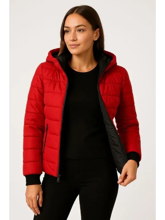 Kadın Şişme Kapüşonlu Fermuarlı Mont Su İtici Kapitone Astarlı Kumaş Cepli Kışlık Rahat Kalıp - Kırmızı