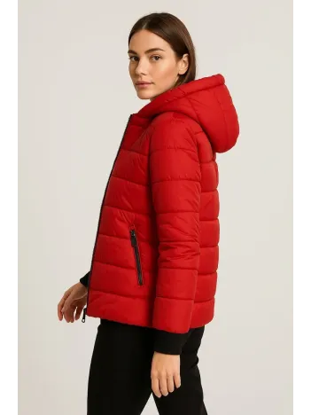 Kadın Şişme Kapüşonlu Fermuarlı Mont Su İtici Kapitone Astarlı Kumaş Cepli Kışlık Rahat Kalıp - Kırmızı