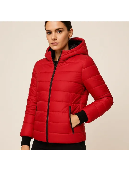 Kadın Şişme Kapüşonlu Fermuarlı Mont Su İtici Kapitone Astarlı Kumaş Cepli Kışlık Rahat Kalıp - Kırmızı