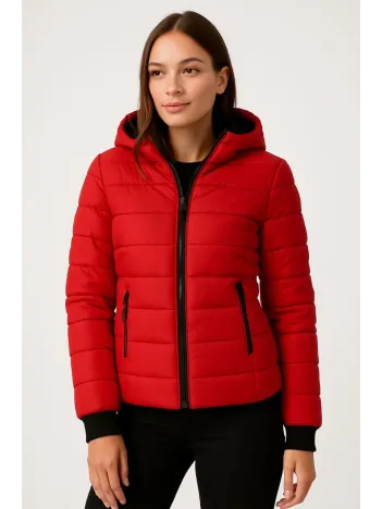 Kadın Şişme Kapüşonlu Fermuarlı Mont Su İtici Kapitone Astarlı Kumaş Cepli Kışlık Rahat Kalıp - Kırmızı