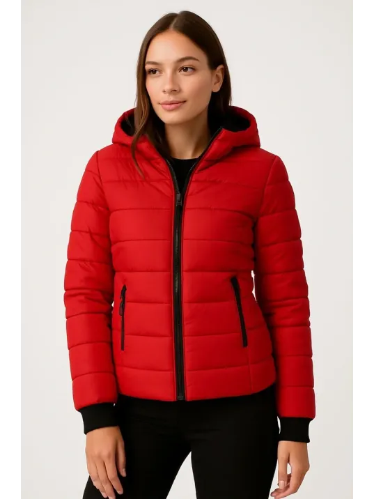 Kadın Şişme Kapüşonlu Fermuarlı Mont Su İtici Kapitone Astarlı Kumaş Cepli Kışlık Rahat Kalıp - Kırmızı