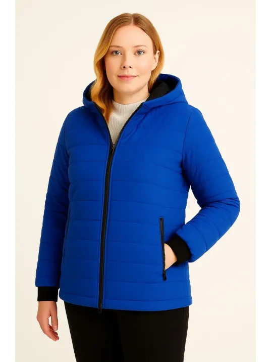 Kadın Şişme Kapüşonlu Fermuarlı Mont Su itici Kapitone Astarlı Kumaş Cepli Kışlık Rahat Kalıp  - Saks Mavisi