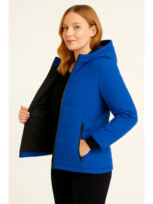 Kadın Şişme Kapüşonlu Fermuarlı Mont Su itici Kapitone Astarlı Kumaş Cepli Kışlık Rahat Kalıp  - Saks Mavisi