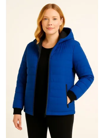 Kadın Şişme Kapüşonlu Fermuarlı Mont Su itici Kapitone Astarlı Kumaş Cepli Kışlık Rahat Kalıp  - Saks Mavisi
