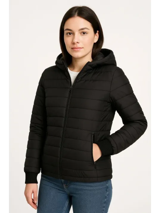 Kadın Şişme Kapüşonlu Fermuarlı Mont Su İtici Kapitone Astarlı Kumaş Cepli Kışlık Rahat Kalıp - Siyah