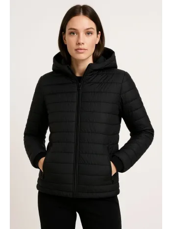 Kadın Şişme Kapüşonlu Fermuarlı Mont Su İtici Kapitone Astarlı Kumaş Cepli Kışlık Rahat Kalıp - Siyah