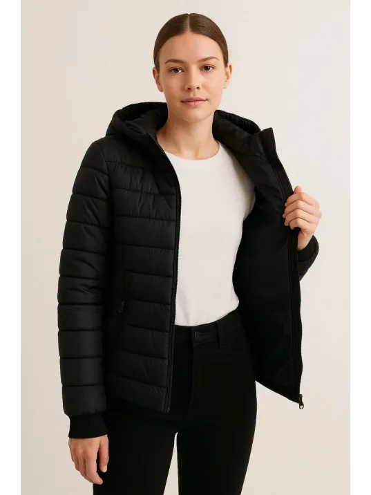 Kadın Şişme Kapüşonlu Fermuarlı Mont Su İtici Kapitone Astarlı Kumaş Cepli Kışlık Rahat Kalıp - Siyah