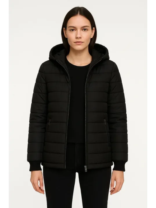 Kadın Şişme Kapüşonlu Fermuarlı Mont Su İtici Kapitone Astarlı Kumaş Cepli Kışlık Rahat Kalıp - Siyah