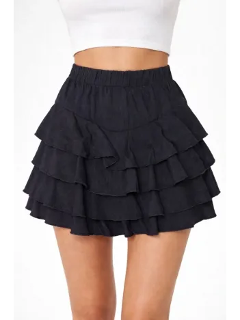 Kadın Siyah Katlı Mini Fırfıtlı Etek Lastikli Yüksel Bel, Volanlı Tasarım, Rahat Kalıp, Günlük Ve Şık Kombinelere Uygun Yazlık Etek - Siyah