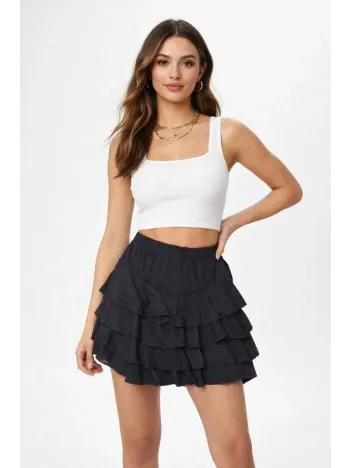 Kadın Siyah Katlı Mini Fırfıtlı Etek Lastikli Yüksel Bel, Volanlı Tasarım, Rahat Kalıp, Günlük Ve Şık Kombinelere Uygun Yazlık Etek - Siyah