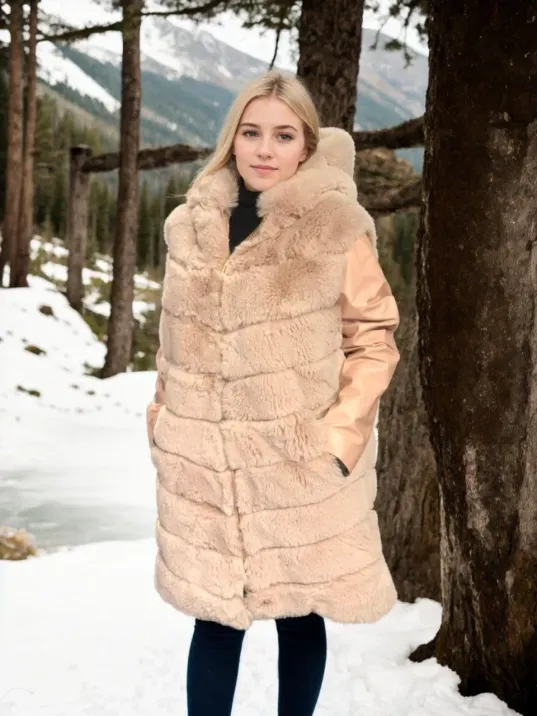 Kadın Suni Kürk Hakiki Deri - Somon Kadın Suni Kürk Hakiki Deri - Somon