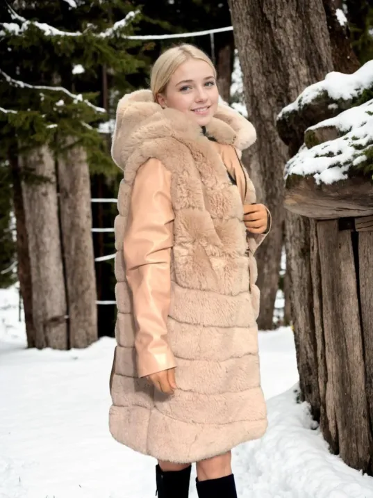 Kadın Suni Kürk Hakiki Deri - Somon Kadın Suni Kürk Hakiki Deri - Somon