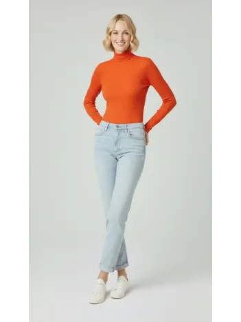 Kadın Tam Boğazlı Fitilli Likrali Kaşkorse Badi İnce Uzun Kollu Kazak - Turuncu