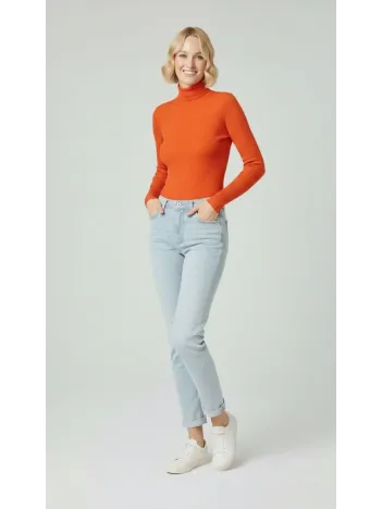 Kadın Tam Boğazlı Fitilli Likrali Kaşkorse Badi İnce Uzun Kollu Kazak - Turuncu