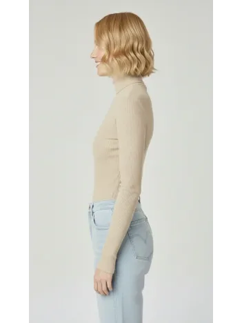 Kadın Tam Boğazlı Fitilli Likrali Kaşkorse Badi İnce Uzun Kollu Kazak - Bej