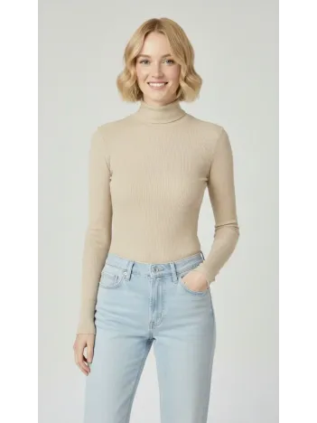 Kadın Tam Boğazlı Fitilli Likrali Kaşkorse Badi İnce Uzun Kollu Kazak - Bej