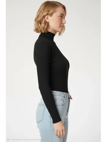 Kadın Tam Boğazlı Fitilli Likrali Kaşkorse Badi İnce Uzun Kollu Kazak - Siyah