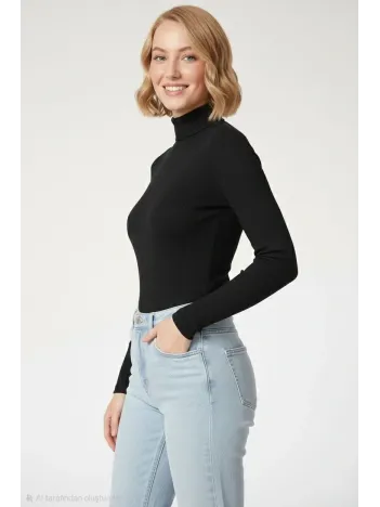 Kadın Tam Boğazlı Fitilli Likrali Kaşkorse Badi İnce Uzun Kollu Kazak - Siyah