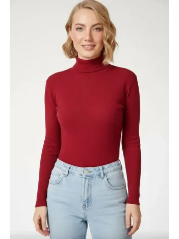 Kadın Tam Boğazlı Fitilli Likrali Kaşkorse Badi İnce Uzun Kollu Kazak - Bordo