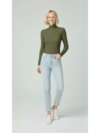 Kadın Tam Boğazlı Fitilli Likrali Kaşkorse Badi İnce Uzun Kollu Rahat Kazak - Haki