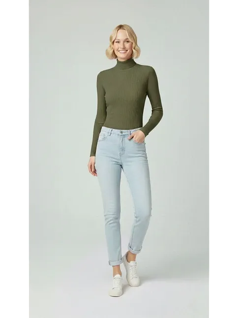 Kadın Tam Boğazlı Fitilli Likrali Kaşkorse Badi İnce Uzun Kollu Rahat Kazak - Haki