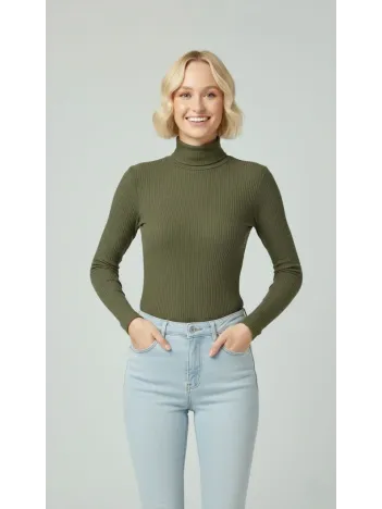 Kadın Tam Boğazlı Fitilli Likrali Kaşkorse Badi İnce Uzun Kollu Rahat Kazak - Haki