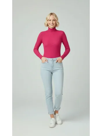 Kadın Tam Boğazlı Fitilli Likrali Kaşkorse Badi İnce Uzun Kollu Kazak - Pembe