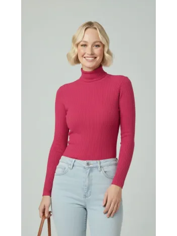 Kadın Tam Boğazlı Fitilli Likrali Kaşkorse Badi İnce Uzun Kollu Kazak - Pembe