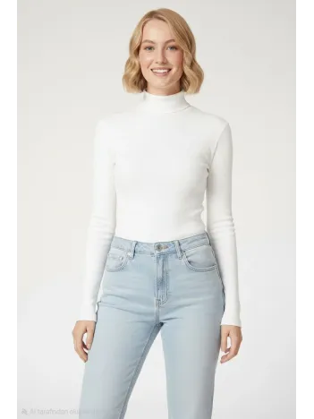 Kadın Tam Boğazlı Fitilli Likrali Kaşkorse Badi İnce Uzun Kollu Kazak - Beyaz