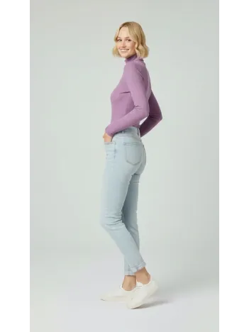 Kadın Tam Boğazlı Fitilli Likrali Kaşkorse Badi İnce Uzun Kollu Kazak - Mor