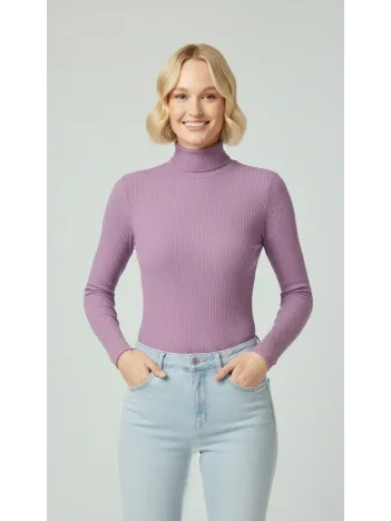 Kadın Tam Boğazlı Fitilli Likrali Kaşkorse Badi İnce Uzun Kollu Kazak - Mor