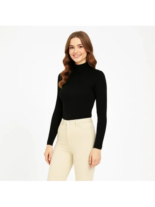 Kadın Tam Boğazlı Fitilli Likrali Koşkorse Badi - Siyah Kadın Tam Boğazlı Fitilli Likrali Koşkorse Badi - Siyah